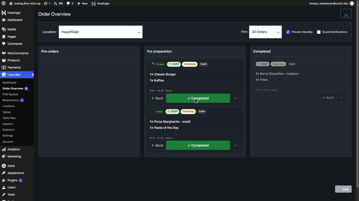 Kanban Order Board — Real-time order management for kitchen staff. Update order status with a click as orders move through the board.