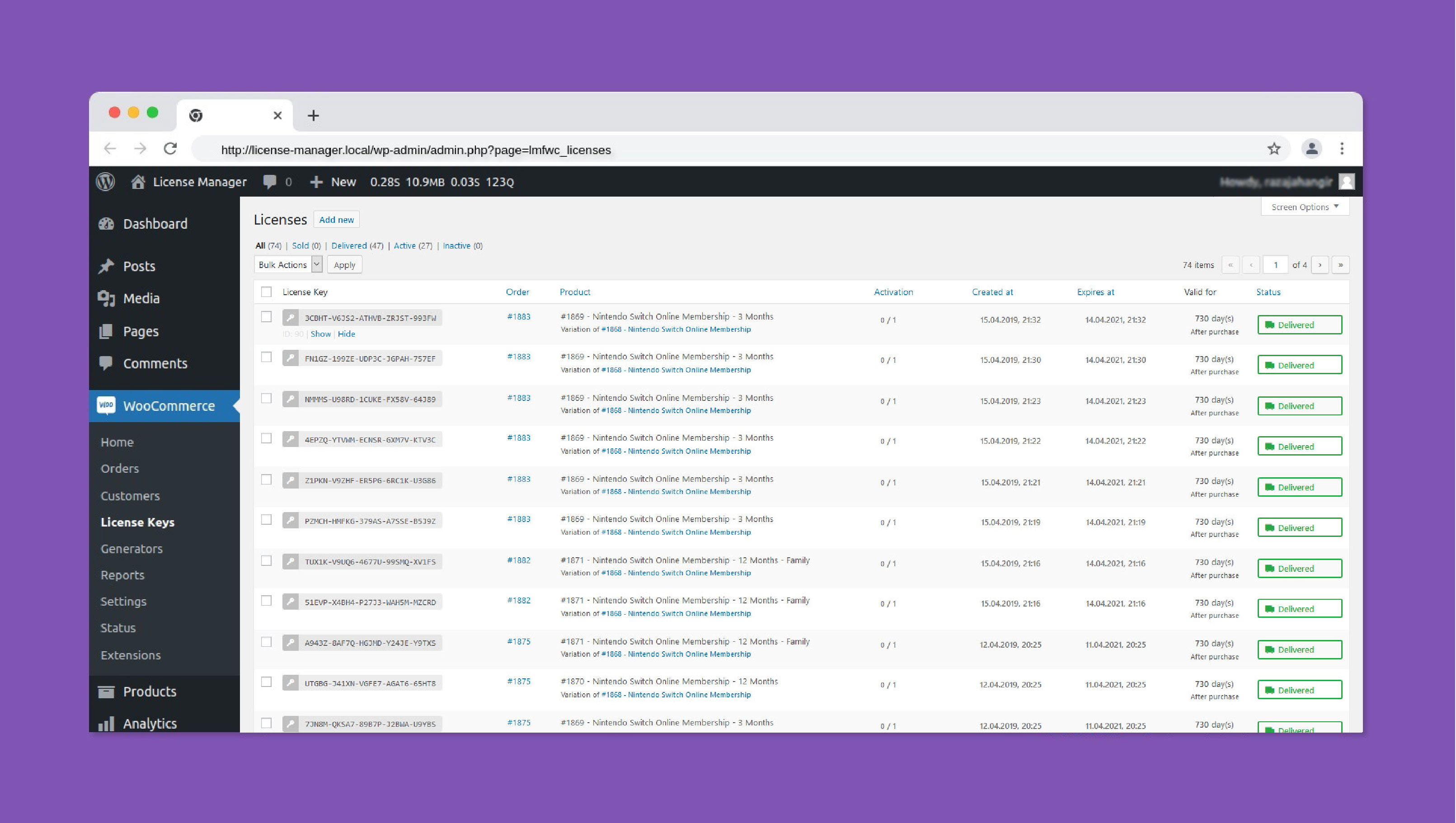 The license key overview page.