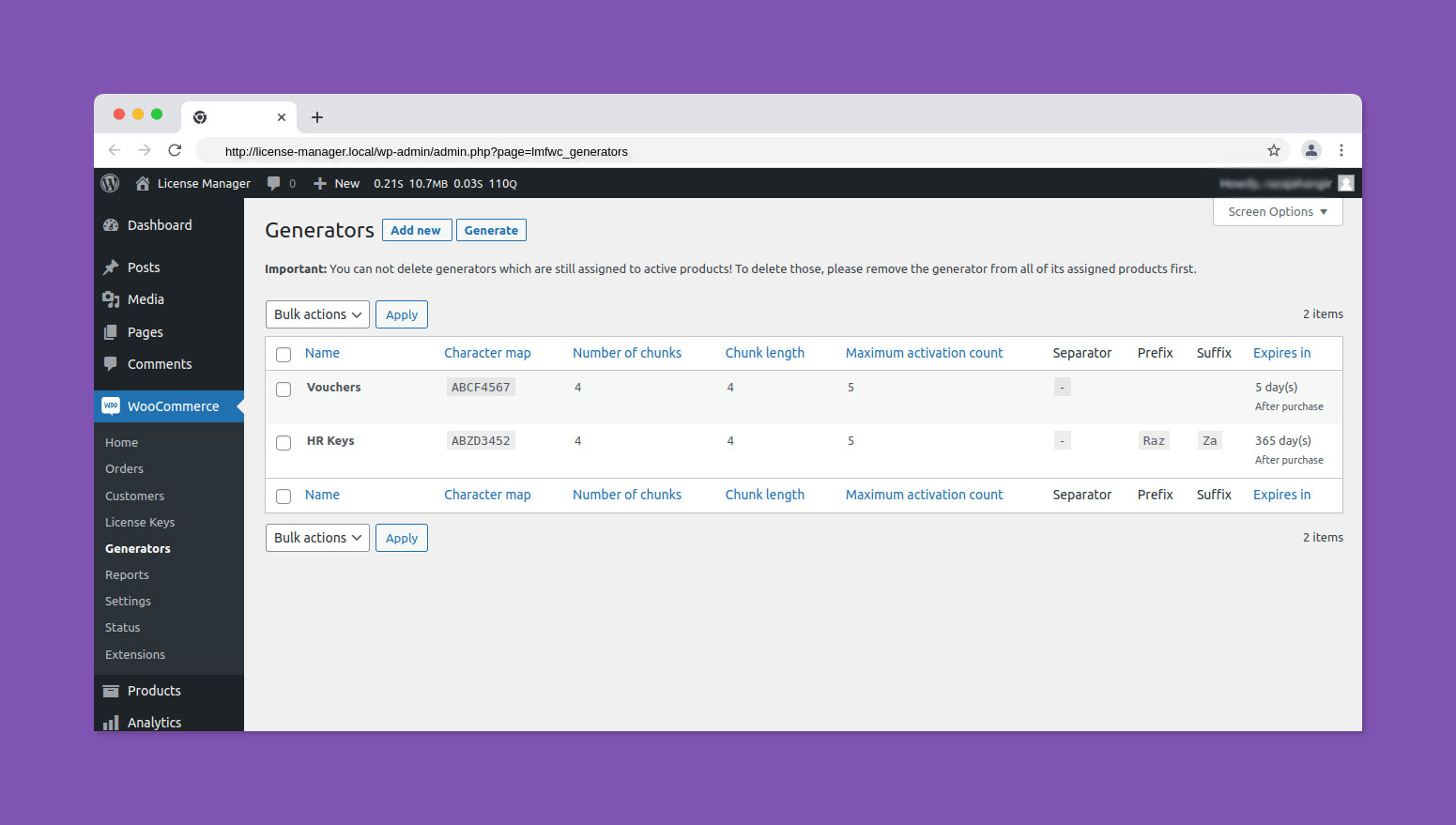 The generators overview page.