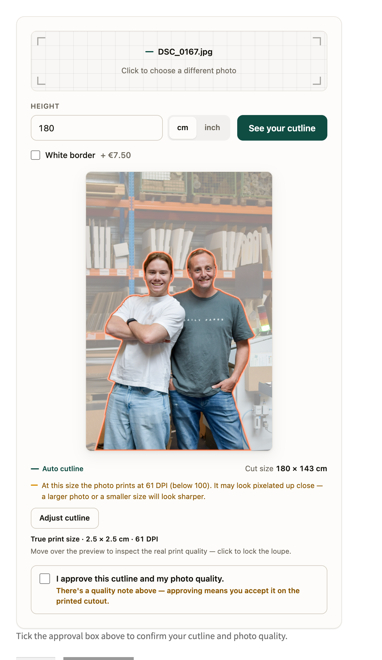 The configurator on a product page: the customer's own photo with the cutline traced on it, the size they chose, and the approval step.