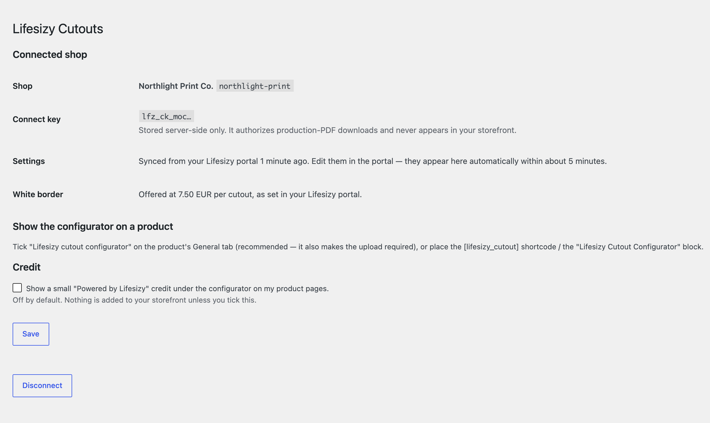 Setup is one step: paste the connect key from your Lifesizy portal. The screen then shows the shop you are linked to, when your settings last synced, and your option pricing.