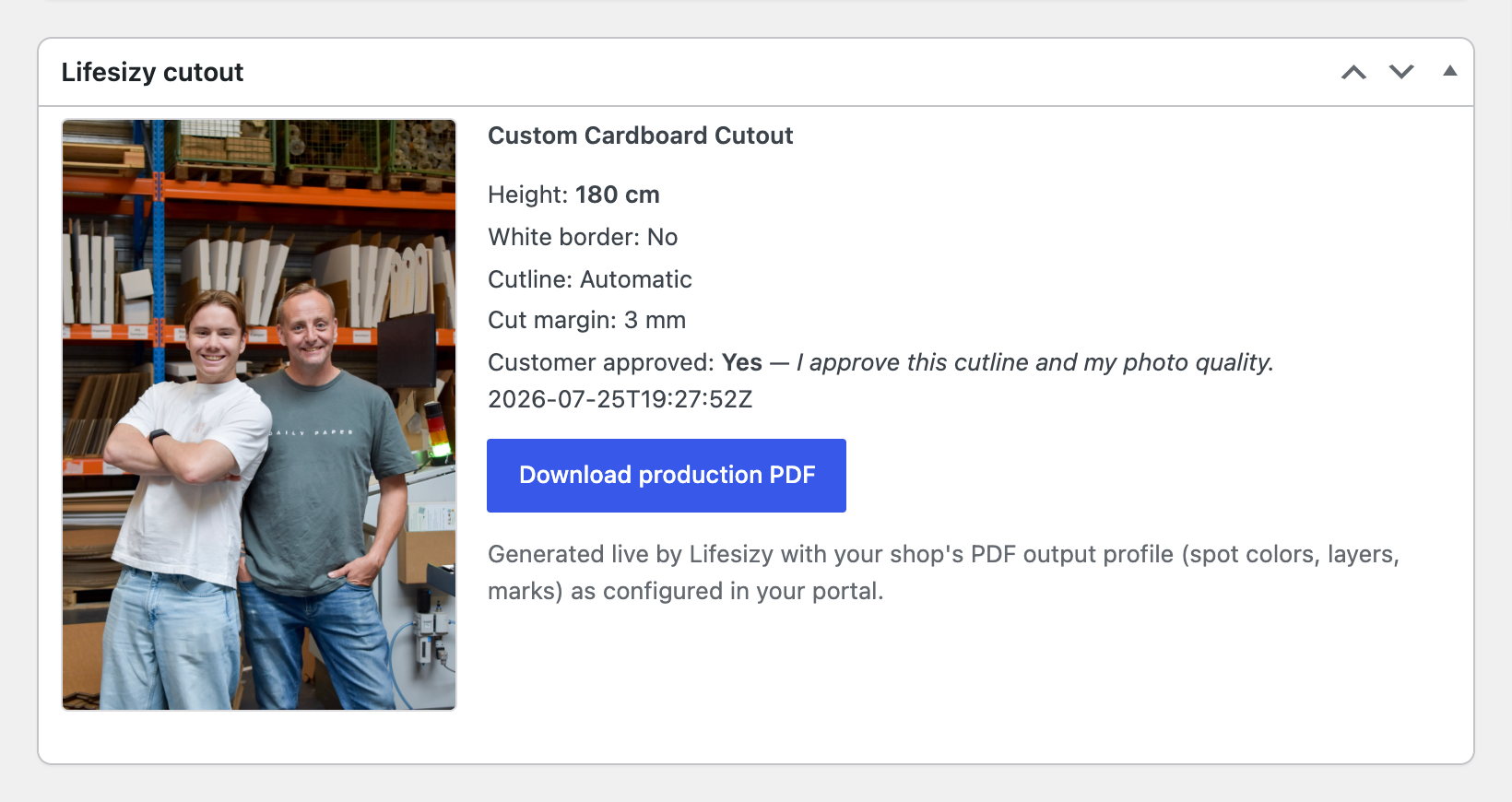 The order screen: the cutline proof, what the customer approved, and the production-PDF download.