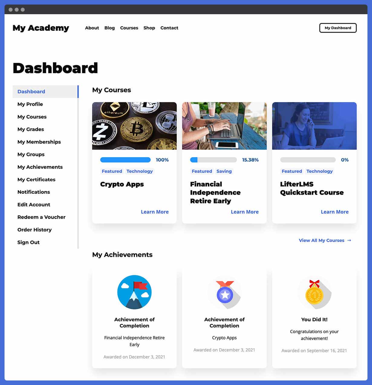 Dashboard for course creators in the WordPress admin: an overview of recent statistics and quick links to common admin screens.