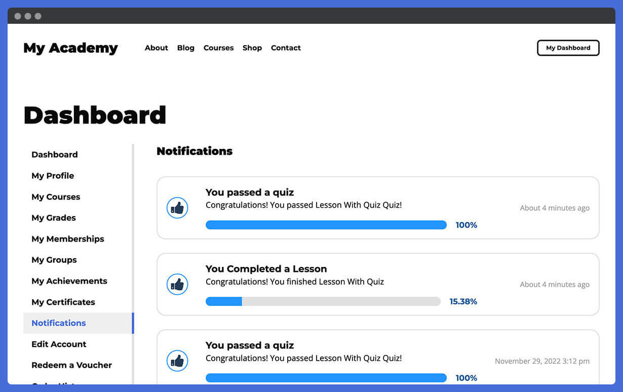 Advanced reporting for every learner so admins can track an individual students's course progress, membership, engagements, and achievements.