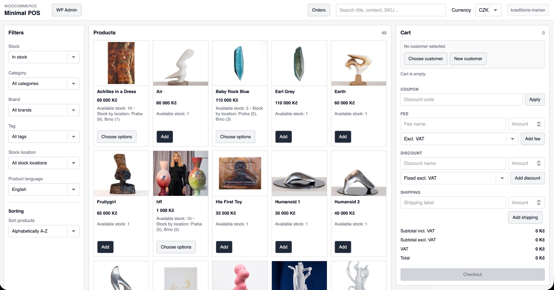 Main POS screen with product grid, filters, cart, and checkout actions.