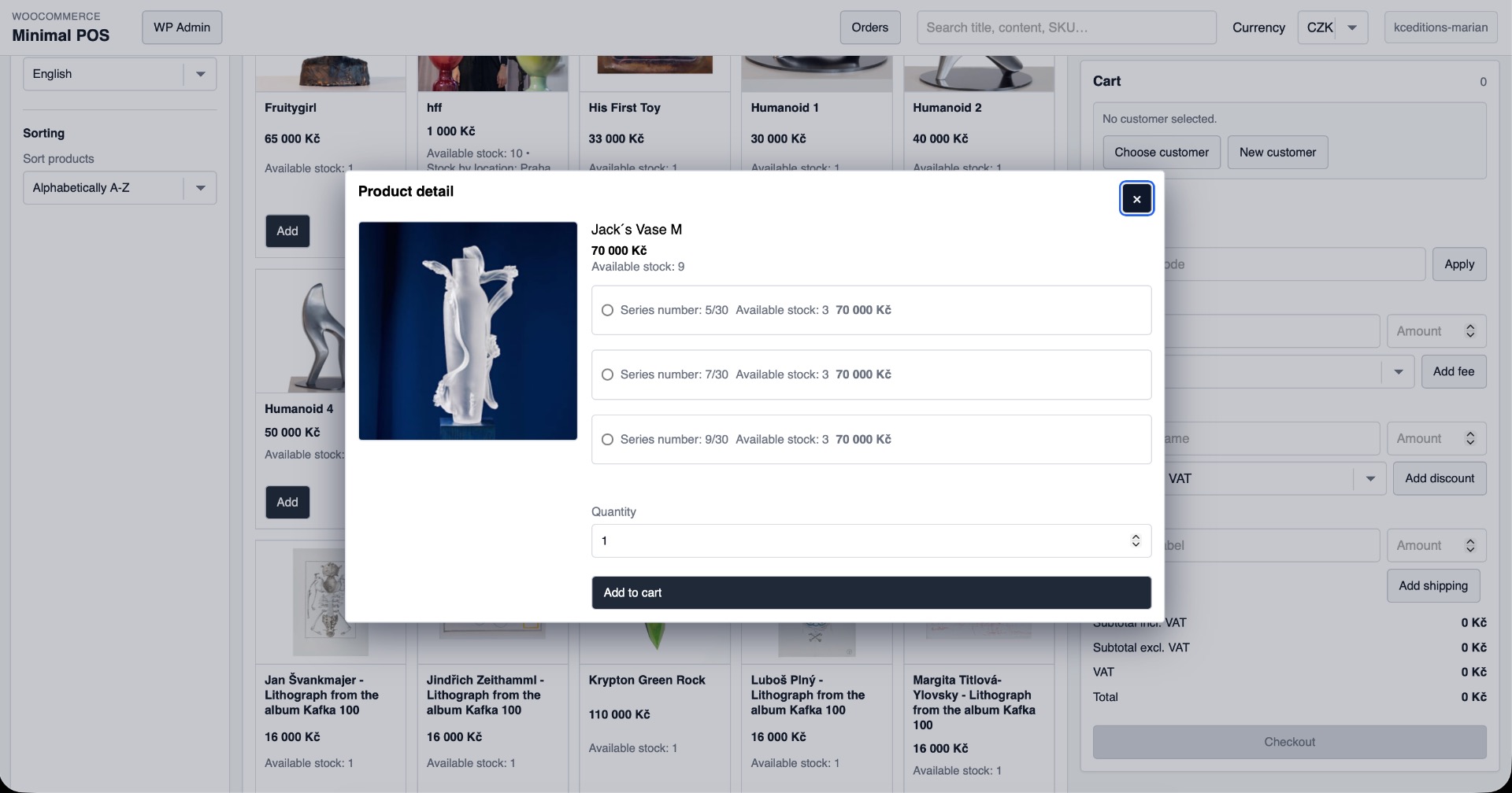 Product detail dialog for variable products and stock-aware add-to-cart flow.