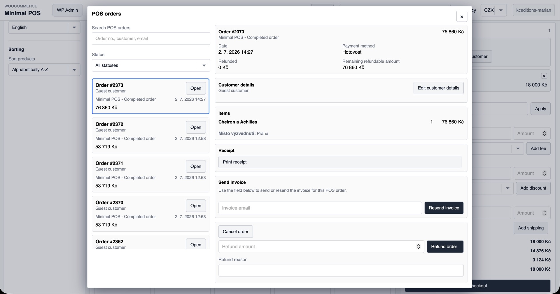 POS order management dialog with resend receipt email, cancel, refund, and print receipt actions.