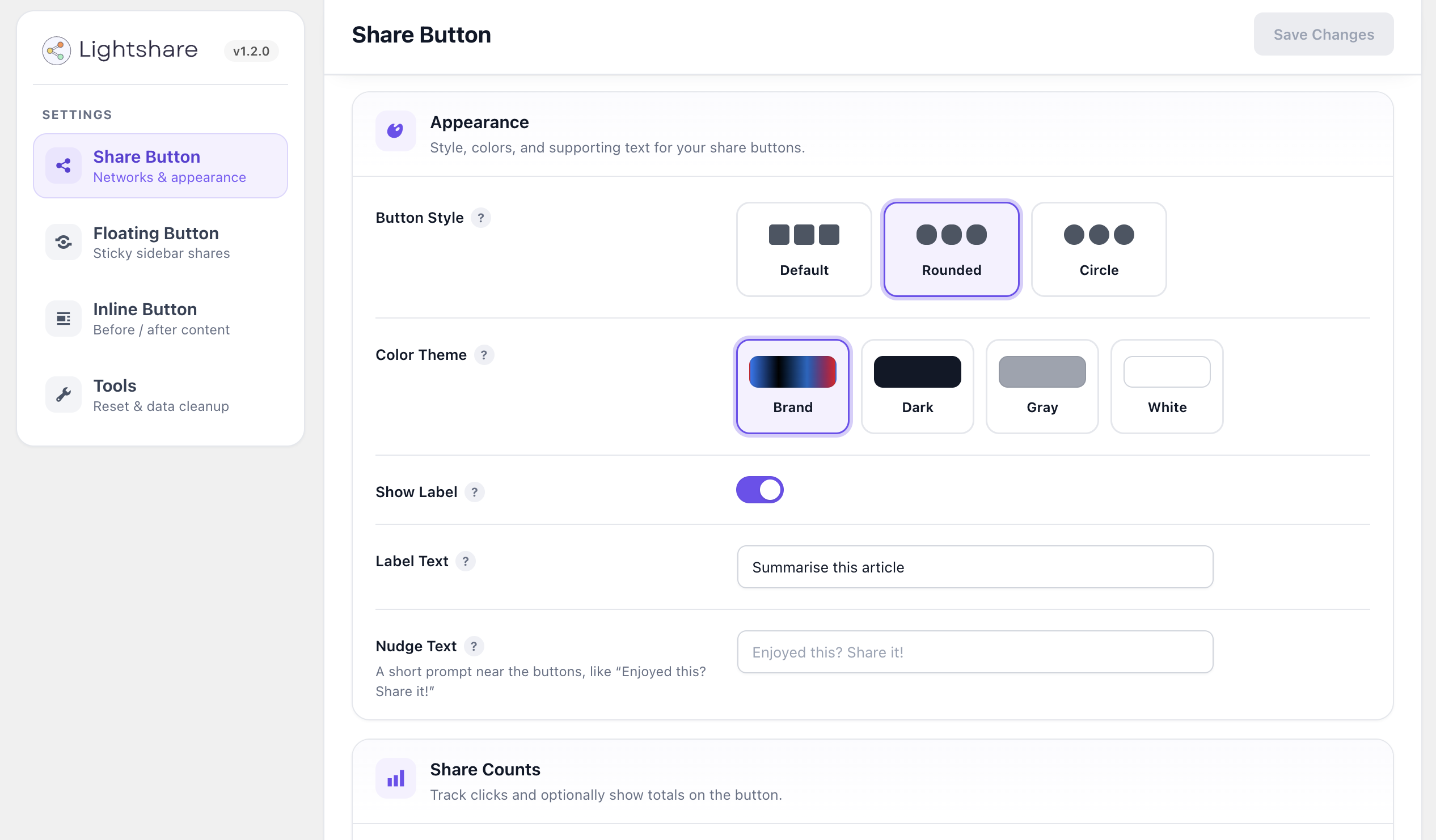 Customize share-button styles, color themes, labels, and share counts.