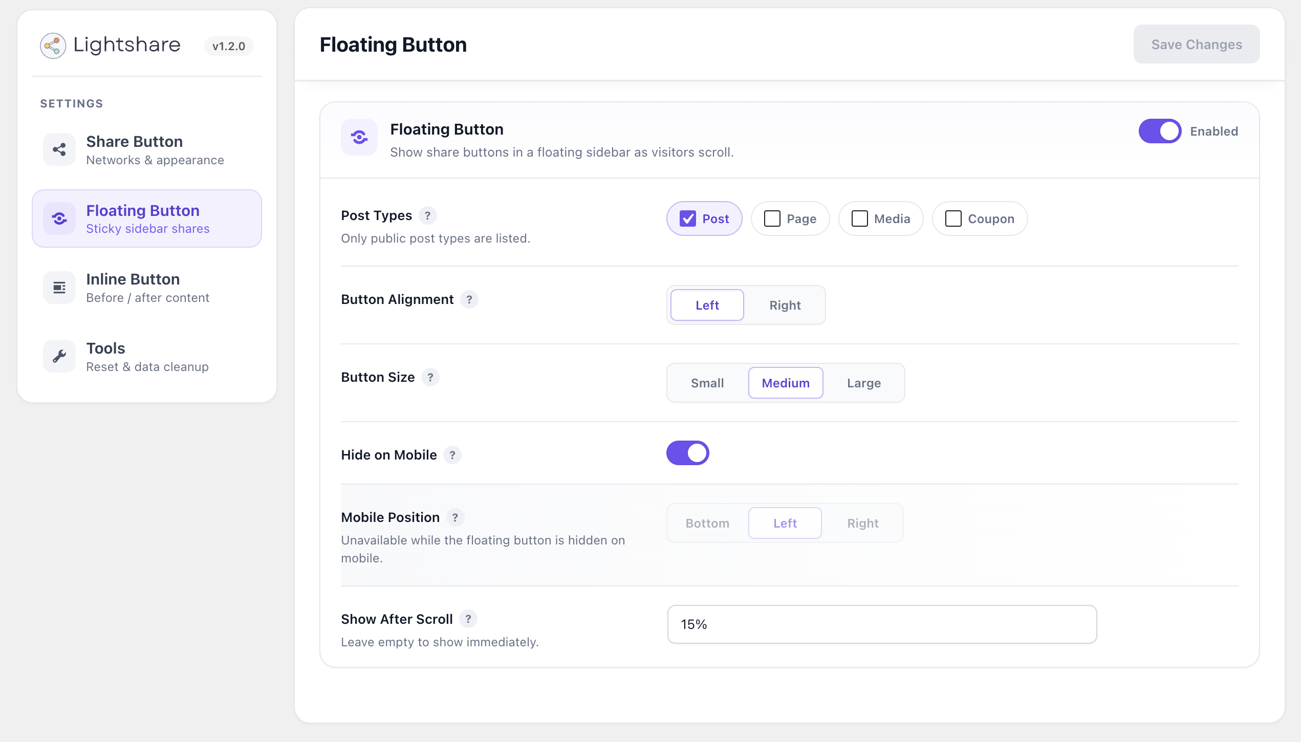Configure floating buttons by post type, alignment, size, mobile behavior, and scroll threshold.