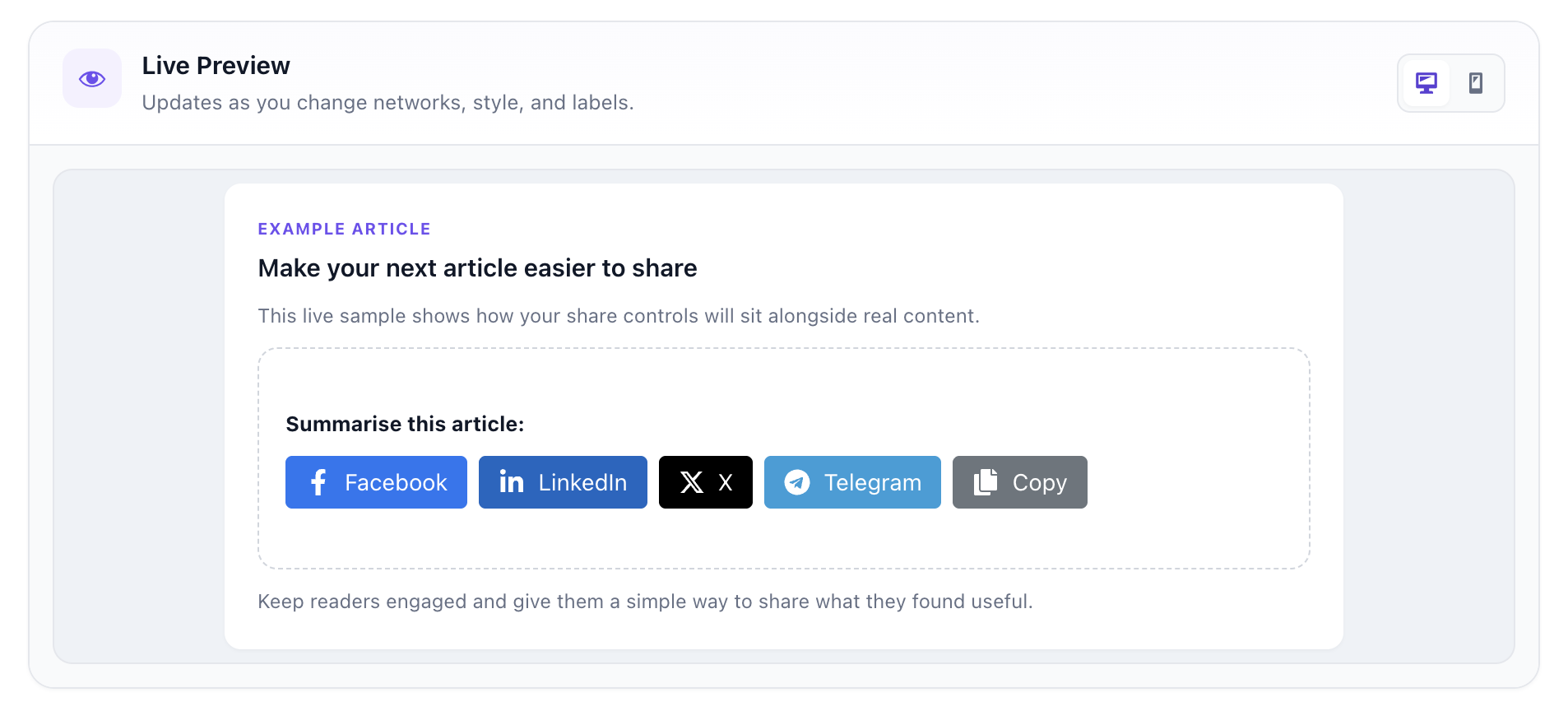 Inspect the desktop live preview before publishing your settings.