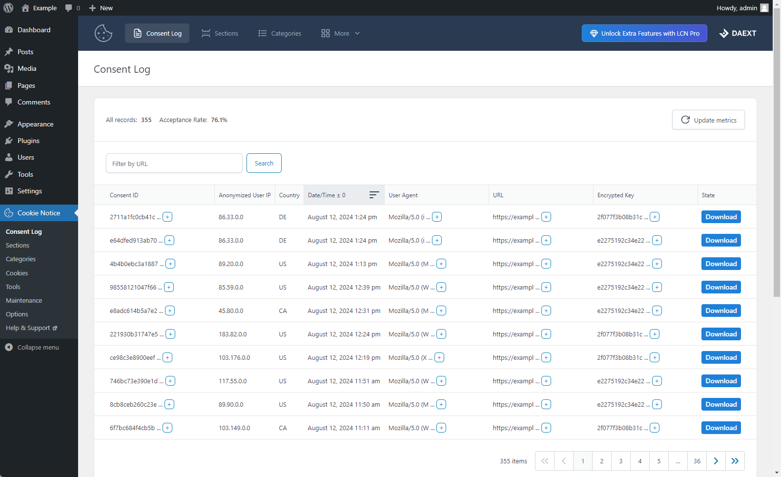 Explore the consent log data collected by the plugin.