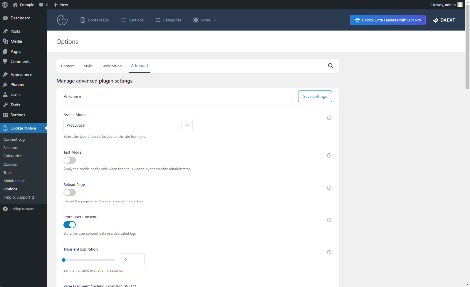 Configure advanced plugin settings that affect the behavior of the cookie notice.