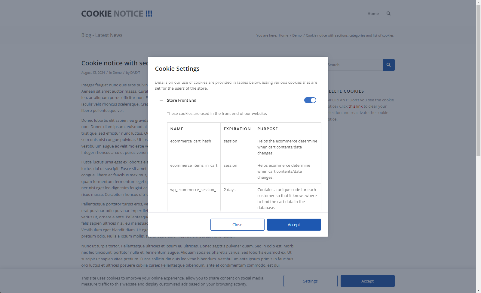 Visitors can read the list of cookies included in each cookie category.