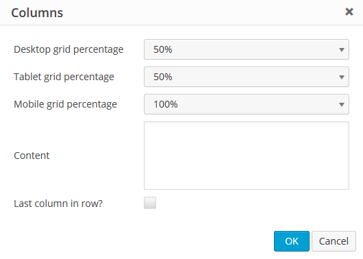The options inside the columns shortcode generator.