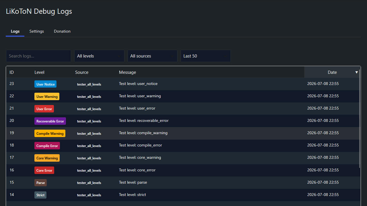 Logs tab in dark mode