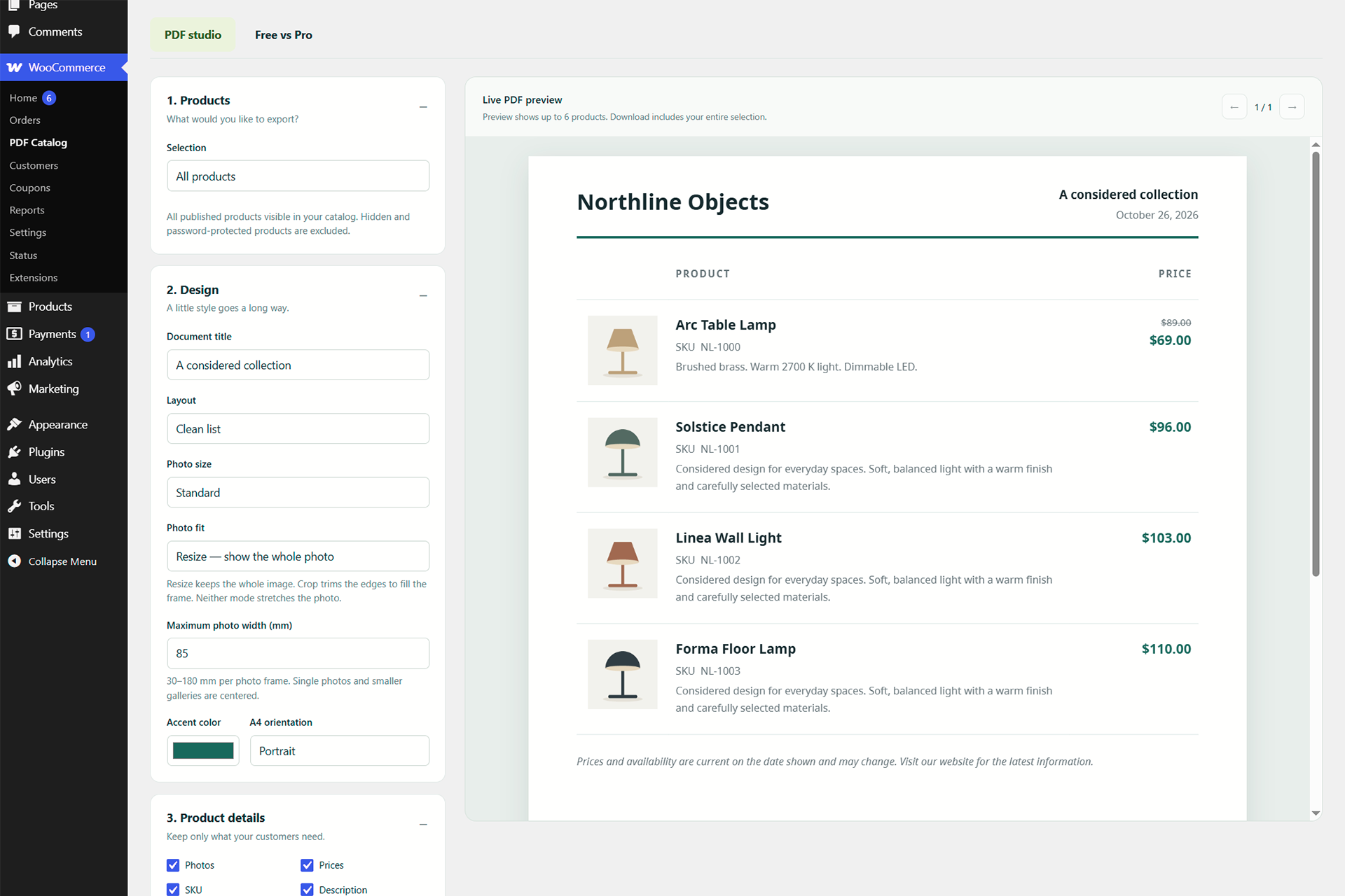 Export all products in the clean-list layout, including regular and sale prices.