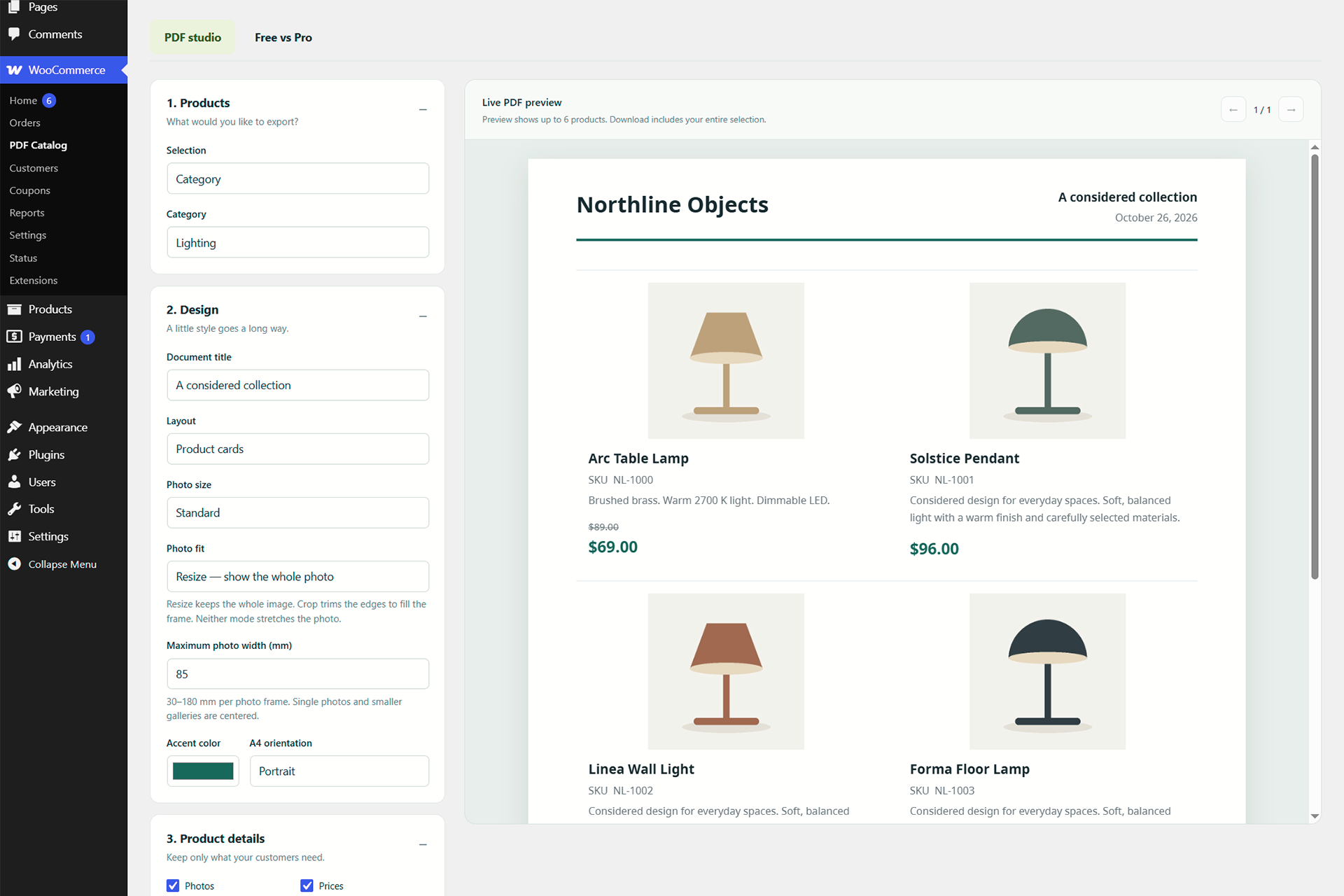 Choose a WooCommerce category and preview a product-card catalog.