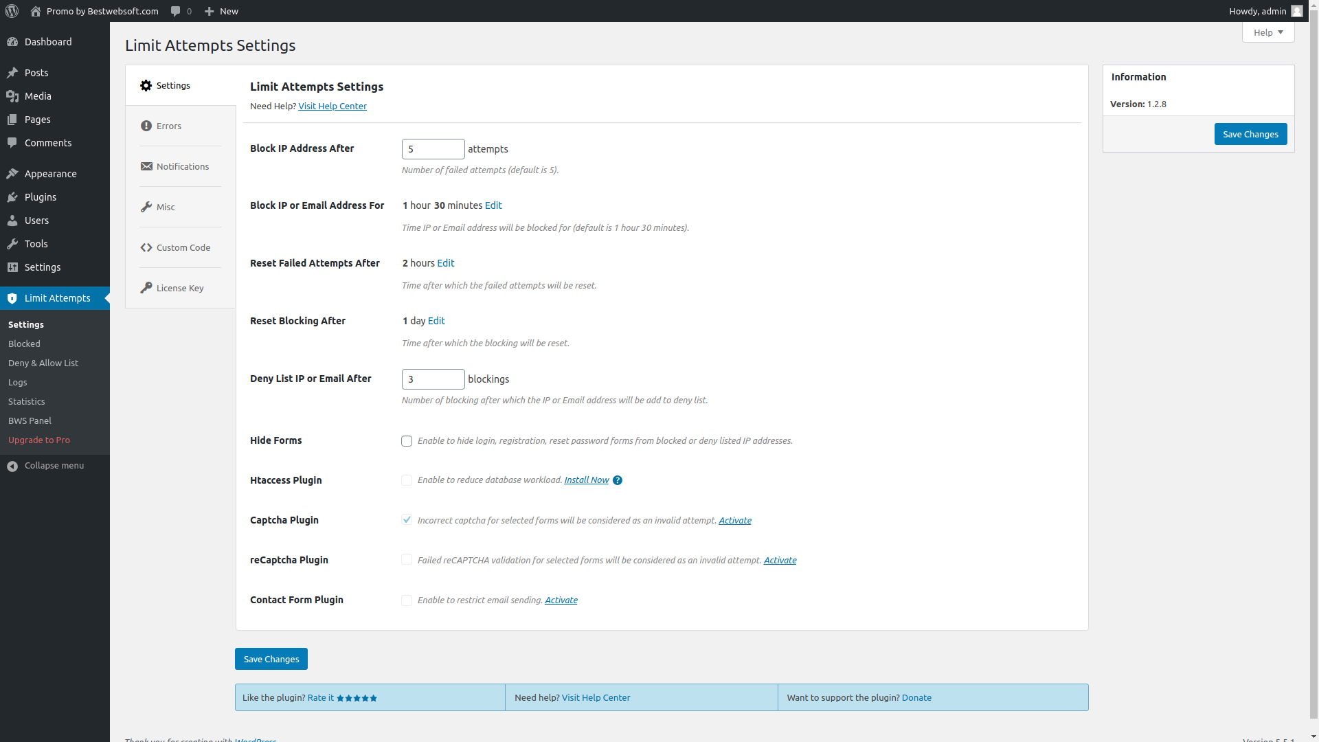 Plugin settings in WordPress admin panel.