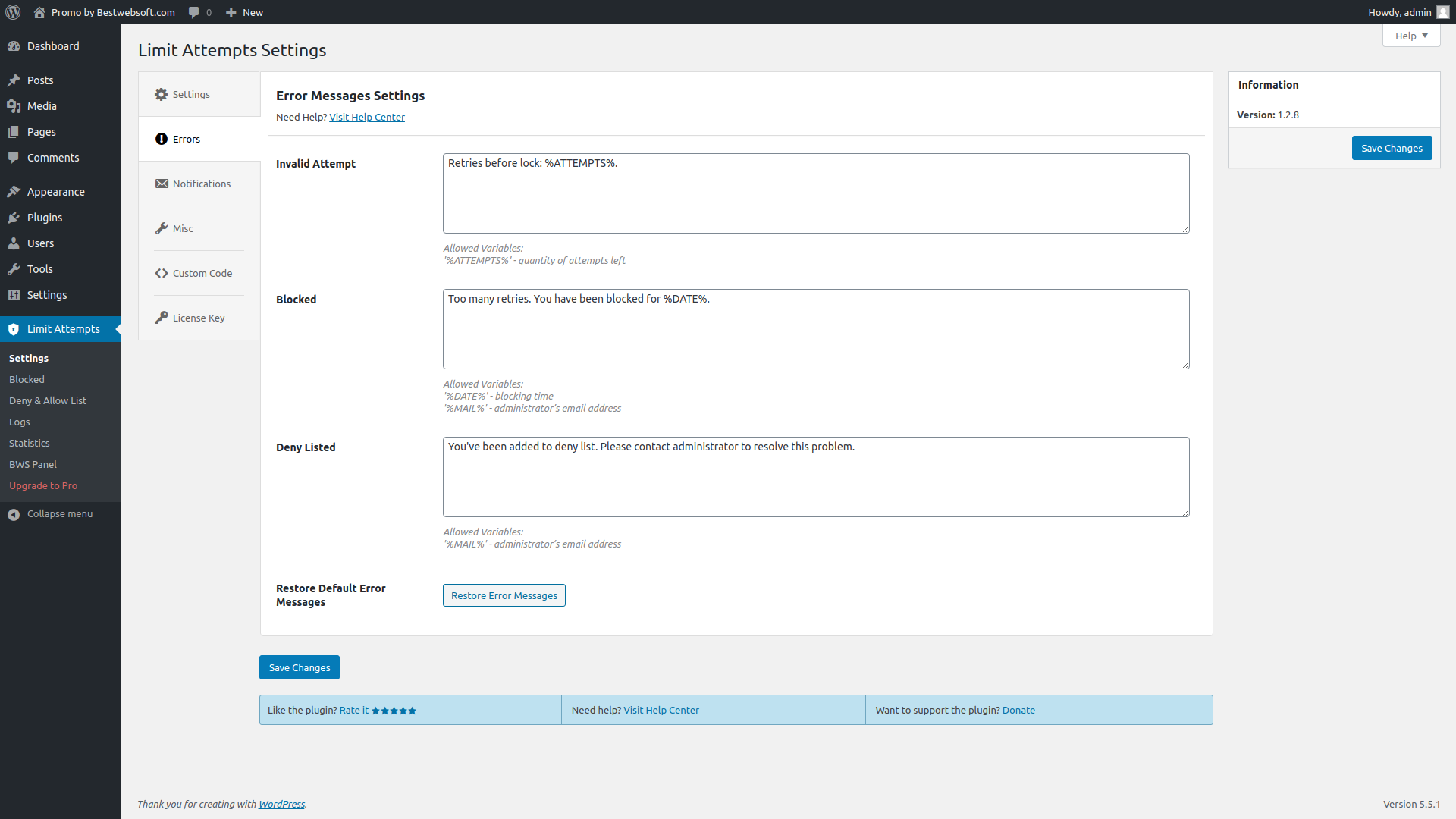 Additional settings which allow to customize error messages in the form.