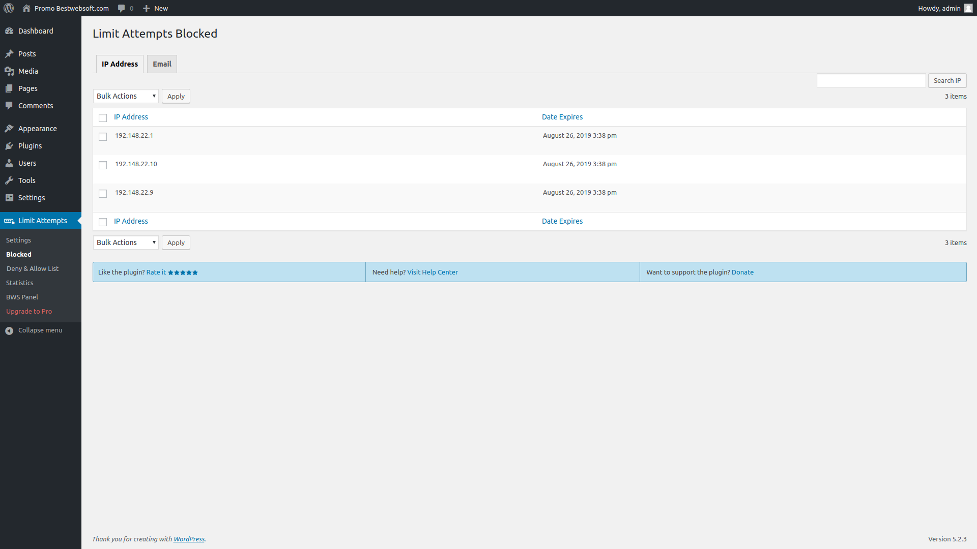 Tab with Blocked IP addresses.