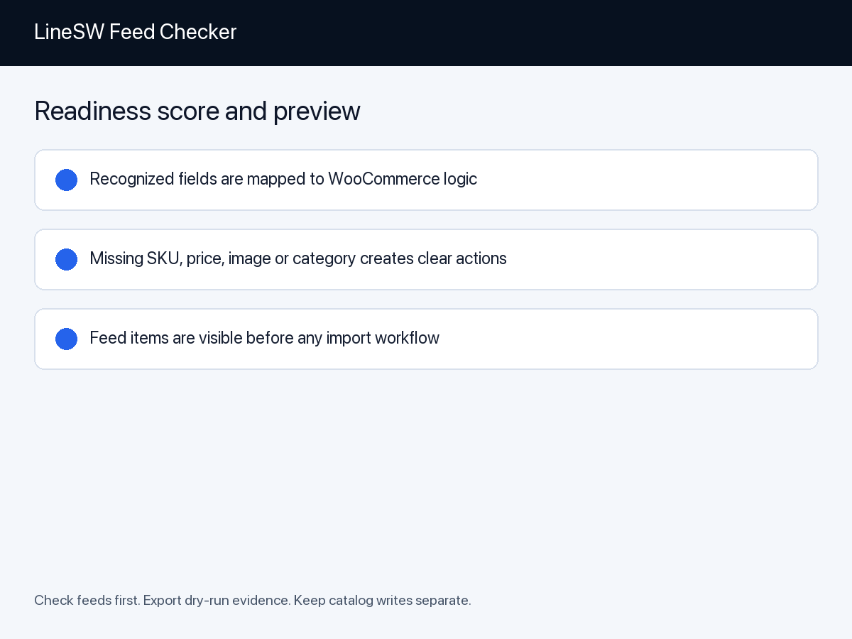 Readiness score and parsed feed preview.