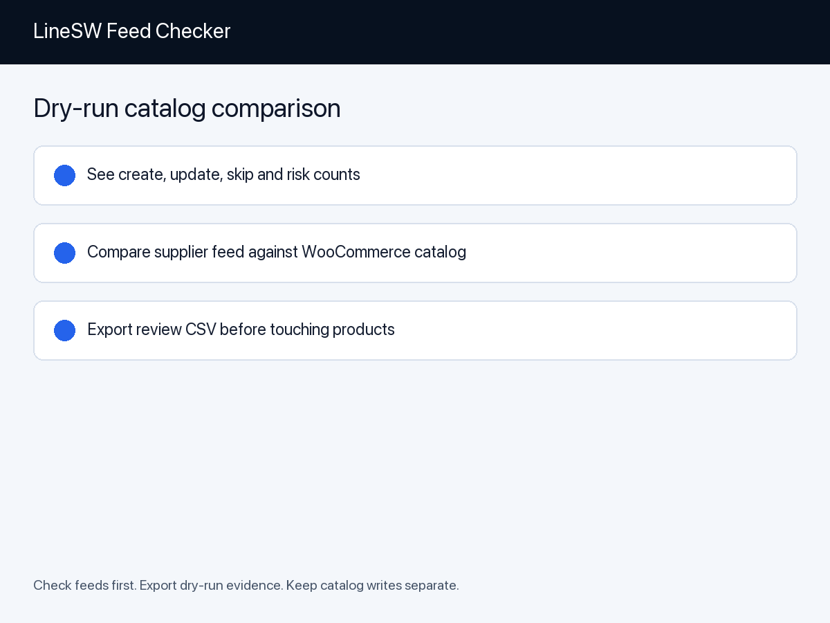 Dry-run catalog comparison with create, update and risk summary.