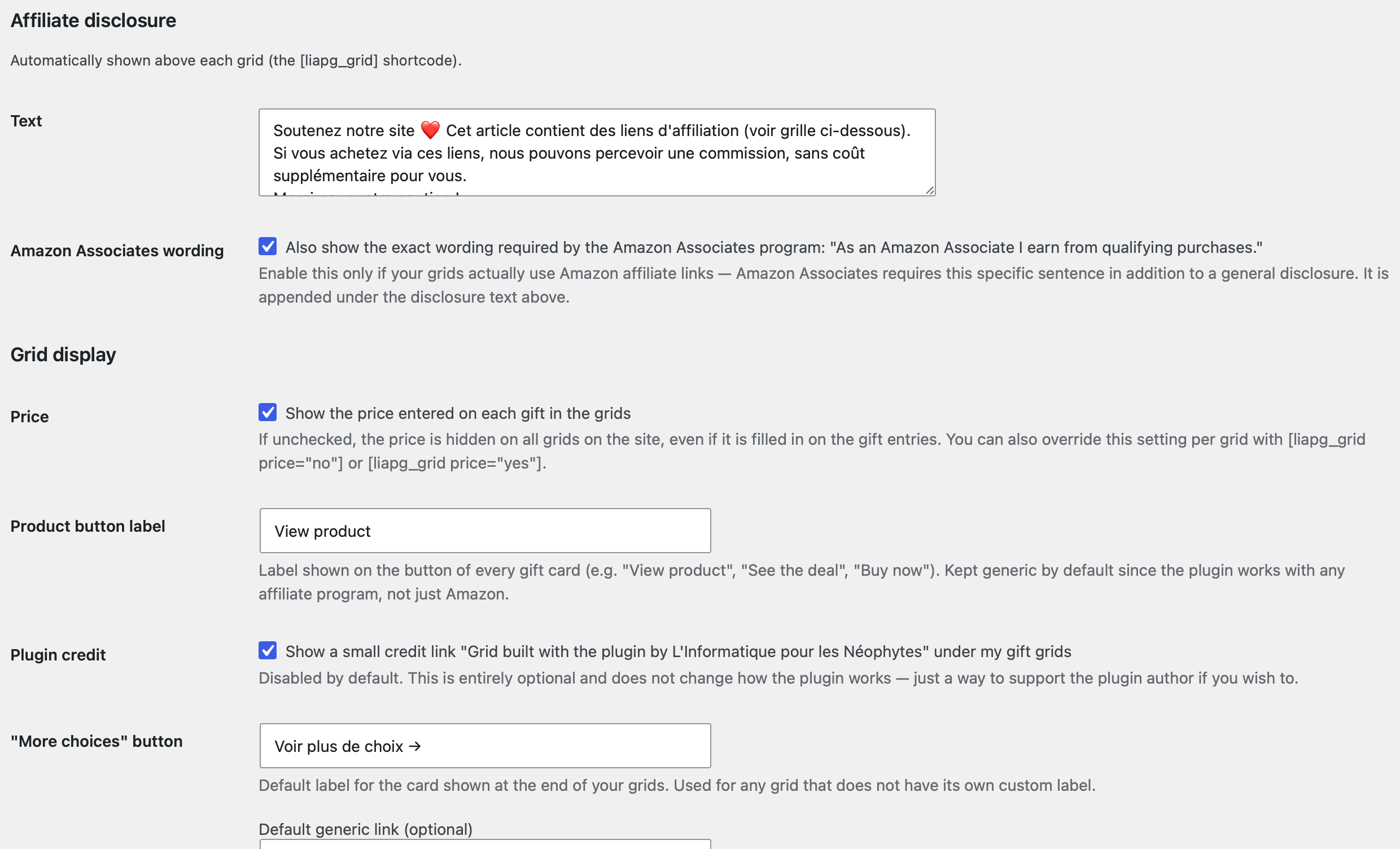 Product settings and configuration interface in the WordPress dashboard.