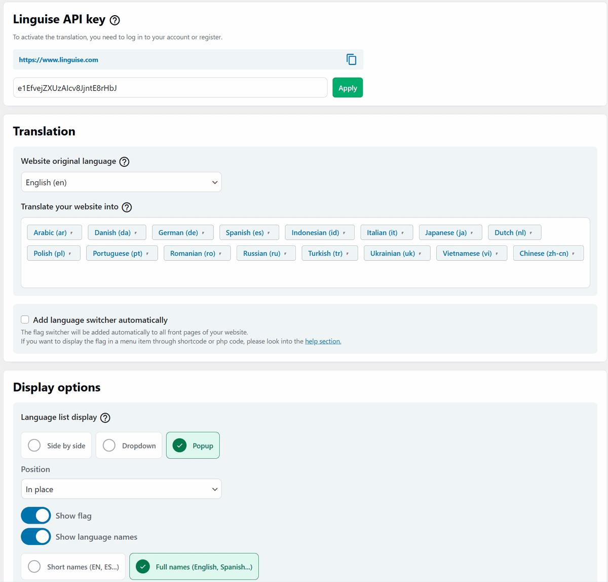 Manage all translations from the plugin settings or the Linguise dashboard