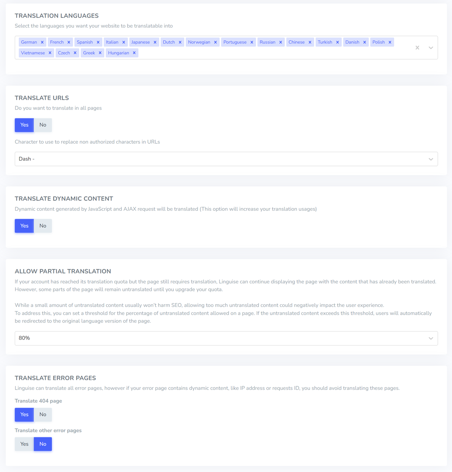 Add/remove languages and translate dynamic content