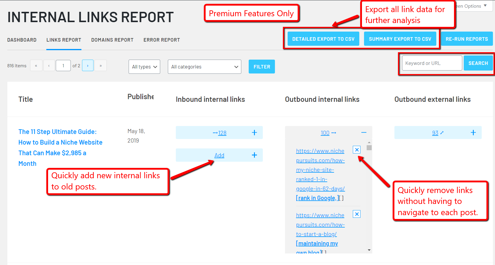 [Premium] The expanded Internal Links Report allows you to add and remove links even more quickly.