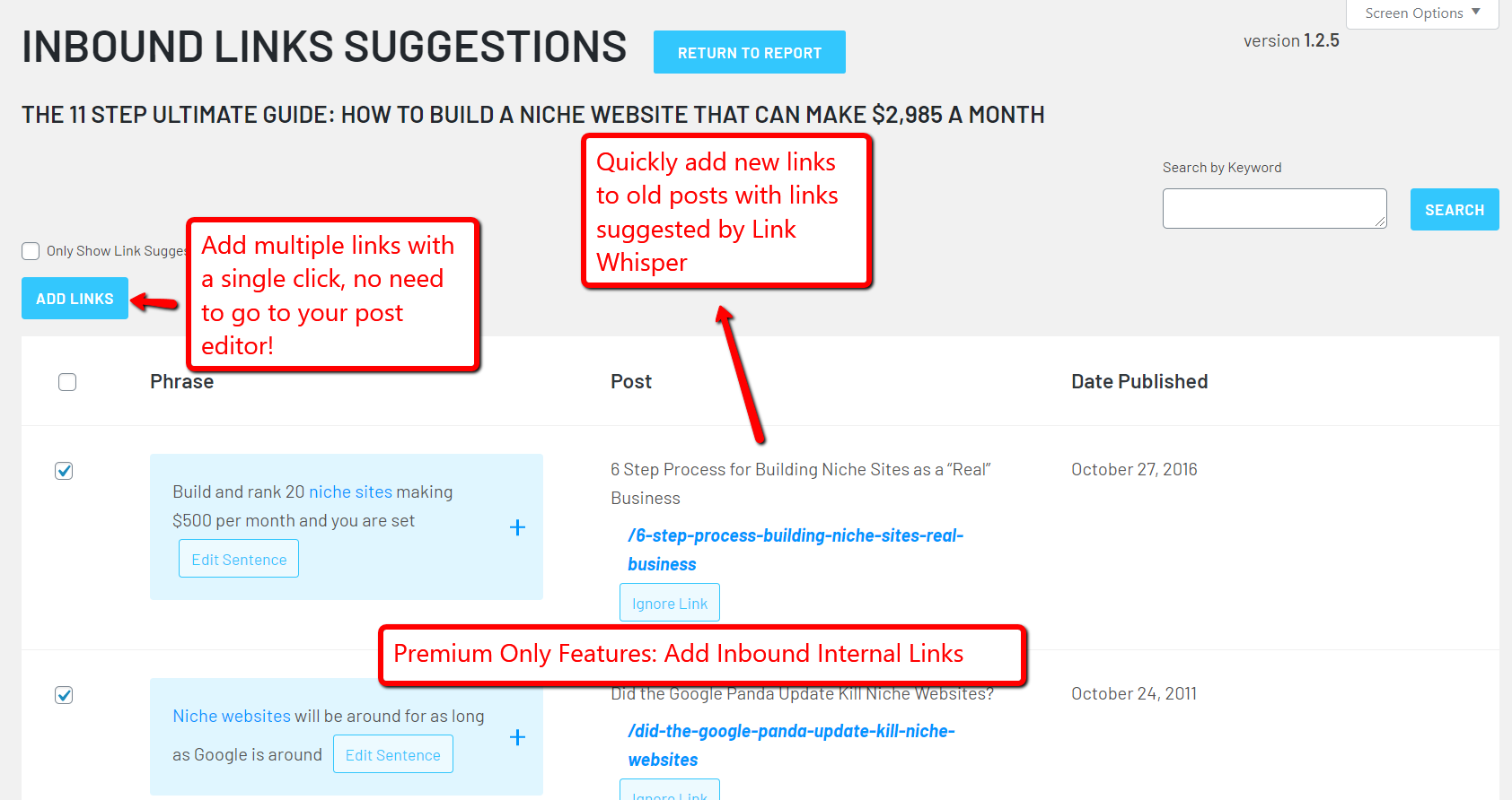 [Premium] The Inbound Links Suggestion page allows you to make multipe links to a single post from across your whole site.