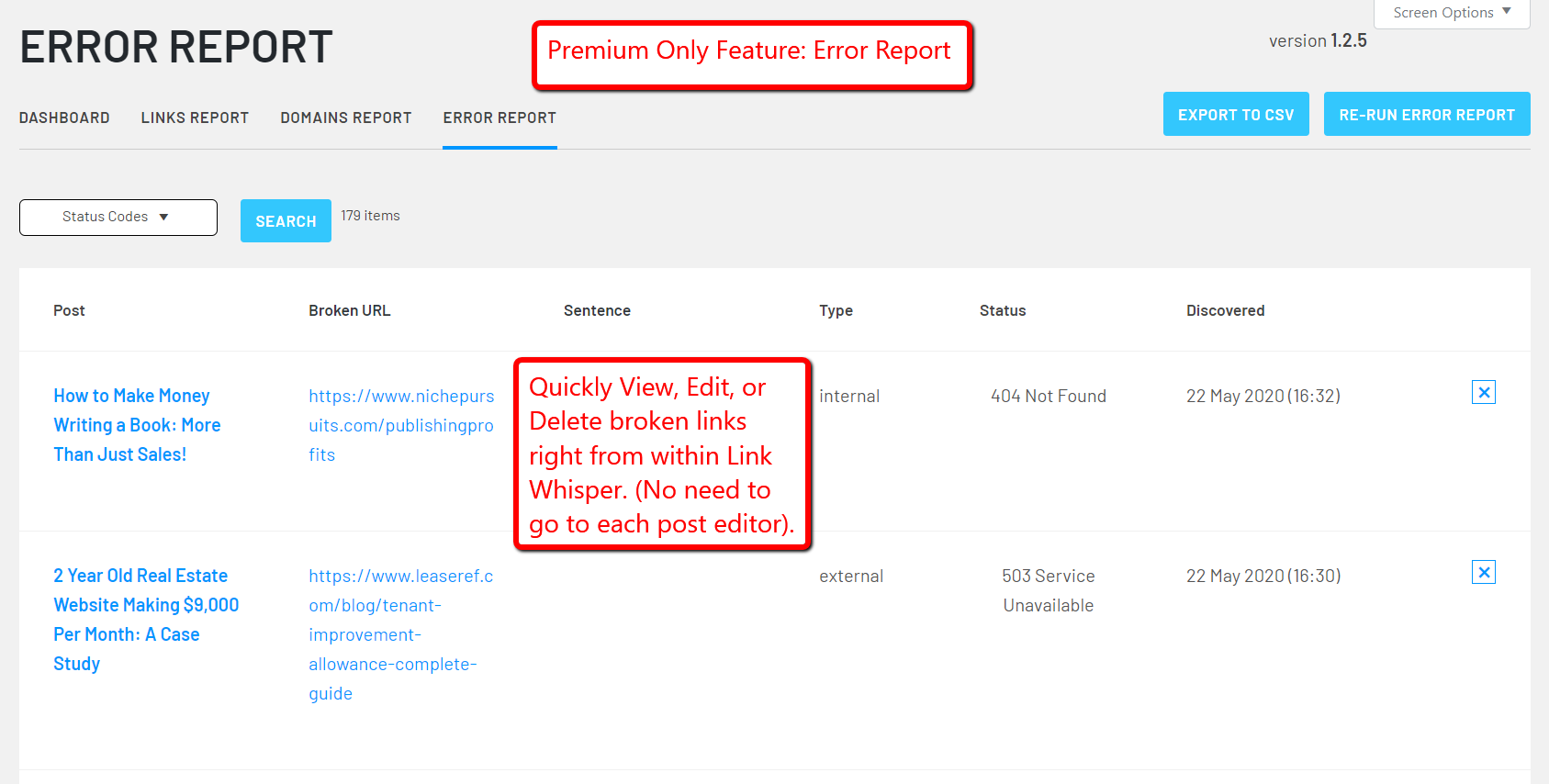 [Premium] The Error Report shows you what links are broken or point to deleted pages so you can cut down the number of 