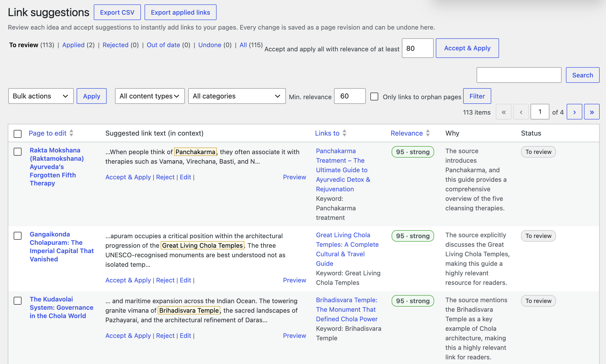 Link suggestions list showing suggested anchor text in sentence context, target page details, relevance score, explanation reason, and one-click apply.