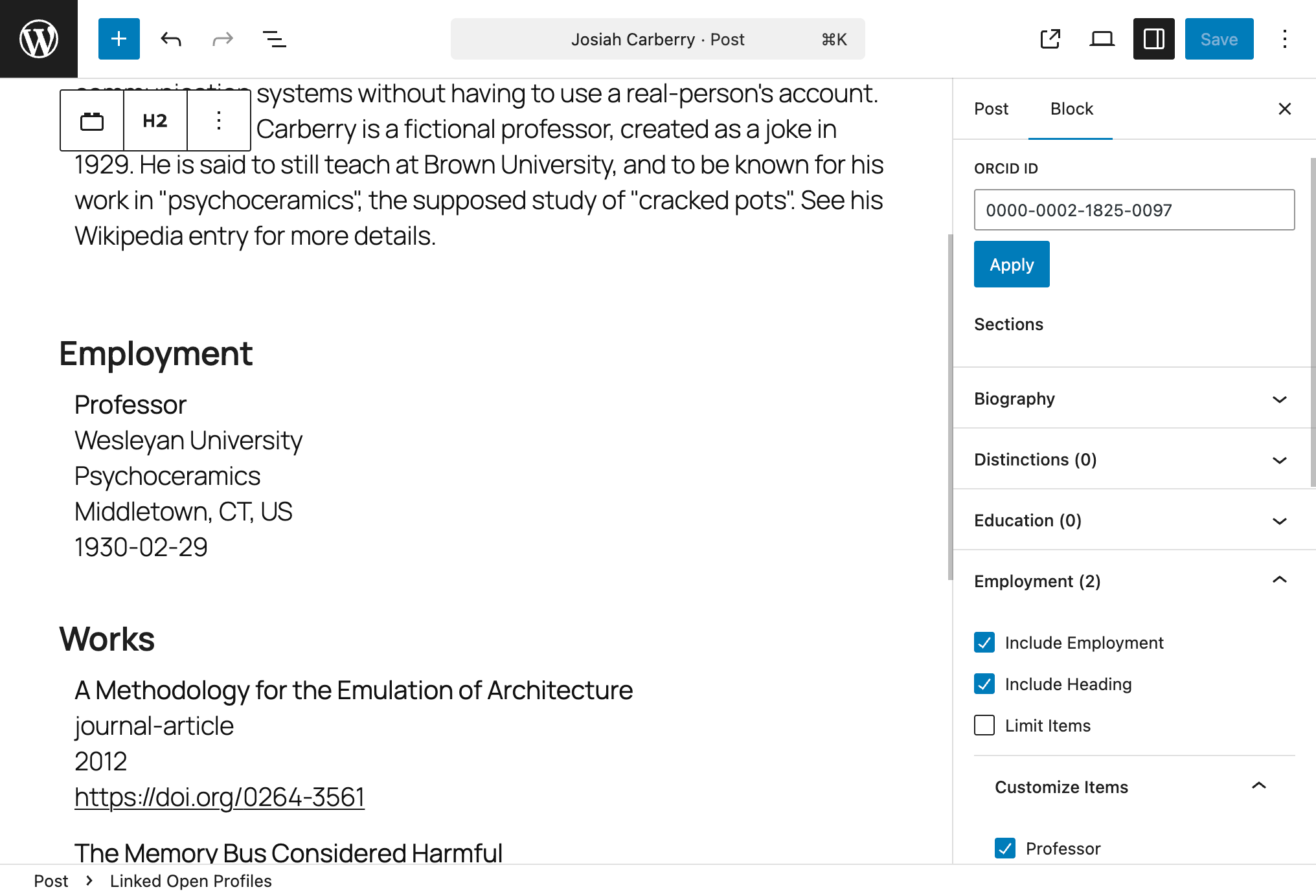 Screenshot of the plugin in use in a Gutenberg editor, featuring the Biography and Education sections excluded, the Employment section partially included, and the Works section fully included