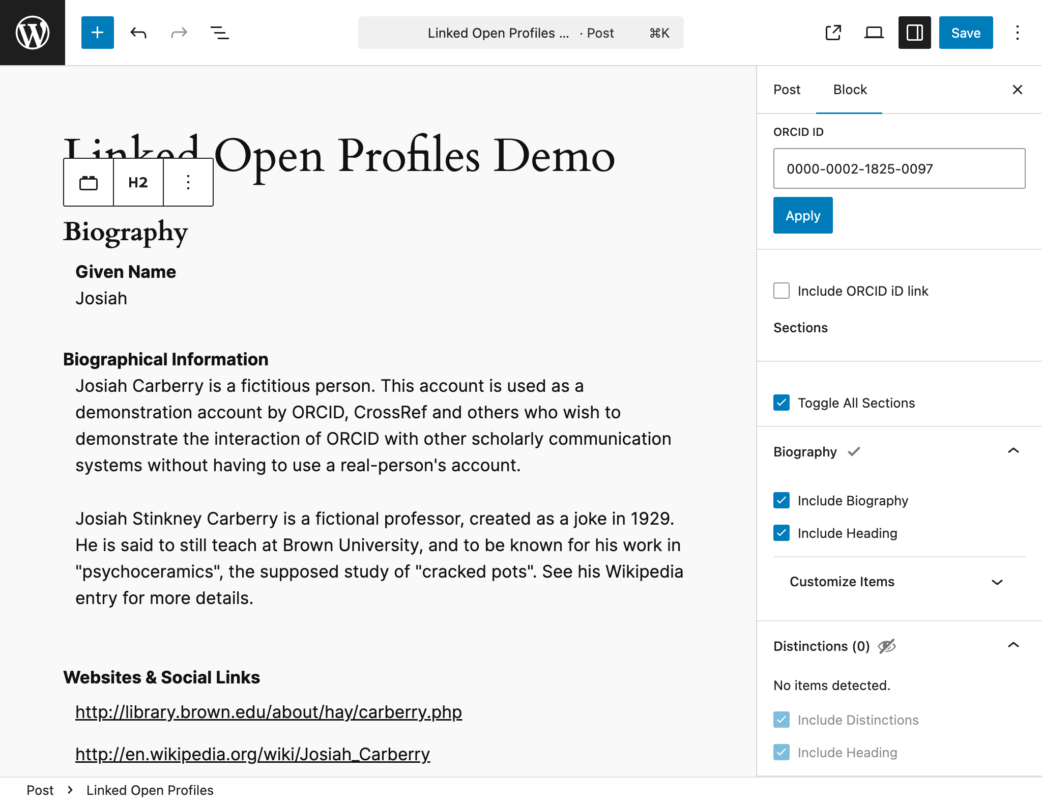Screenshot of the plugin in use in a Gutenberg editor, featuring the Biography sections excluded, the Employment section partially included, and the Works section fully included