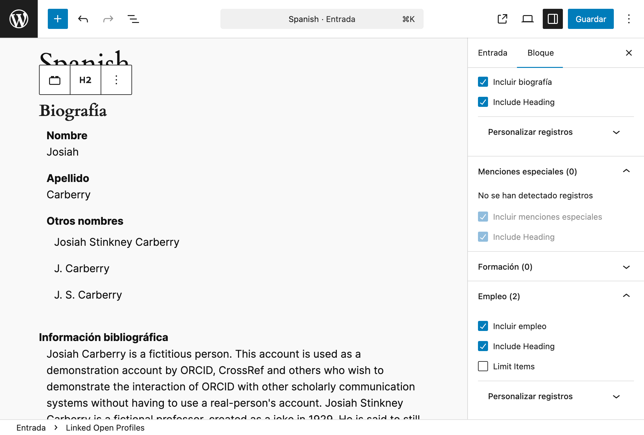 Screenshot of the plugin in use in a Gutenberg editor with the language set to Spanish