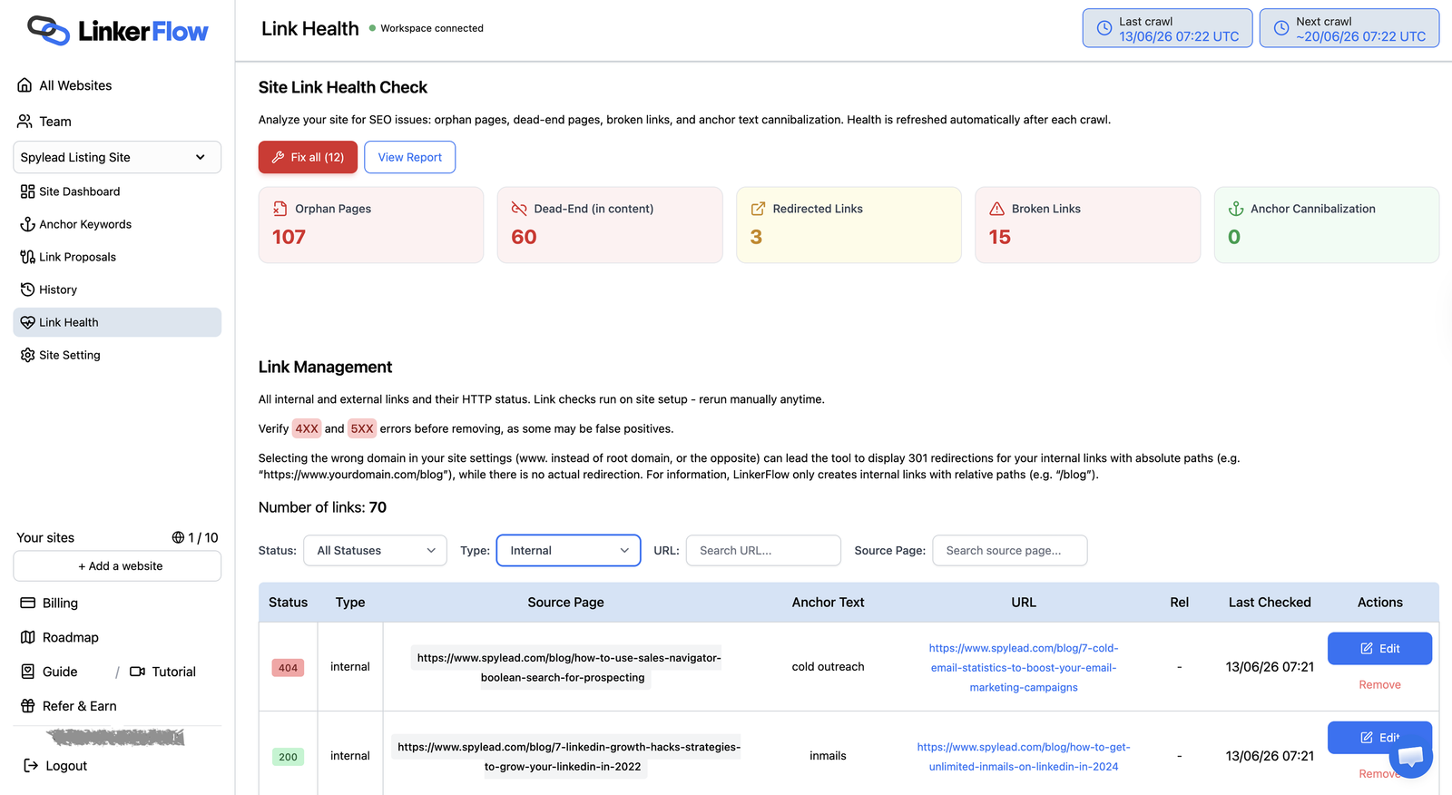 Site link health check: orphan pages, dead-end pages, redirected links, broken links and anchor cannibalization, with the full list of internal and external links and their HTTP status.