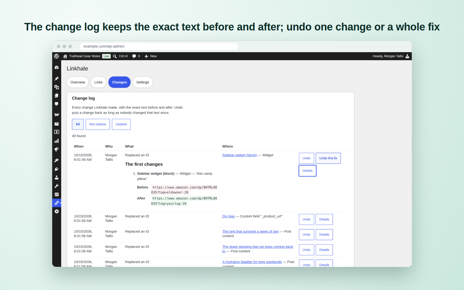 The change log keeps the exact text before and after; undo one change or a whole fix.