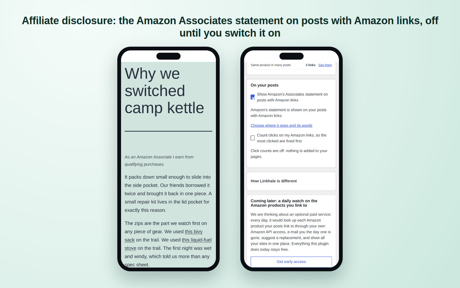 Affiliate disclosure: the Amazon Associates statement on posts with Amazon links, off until you switch it on.