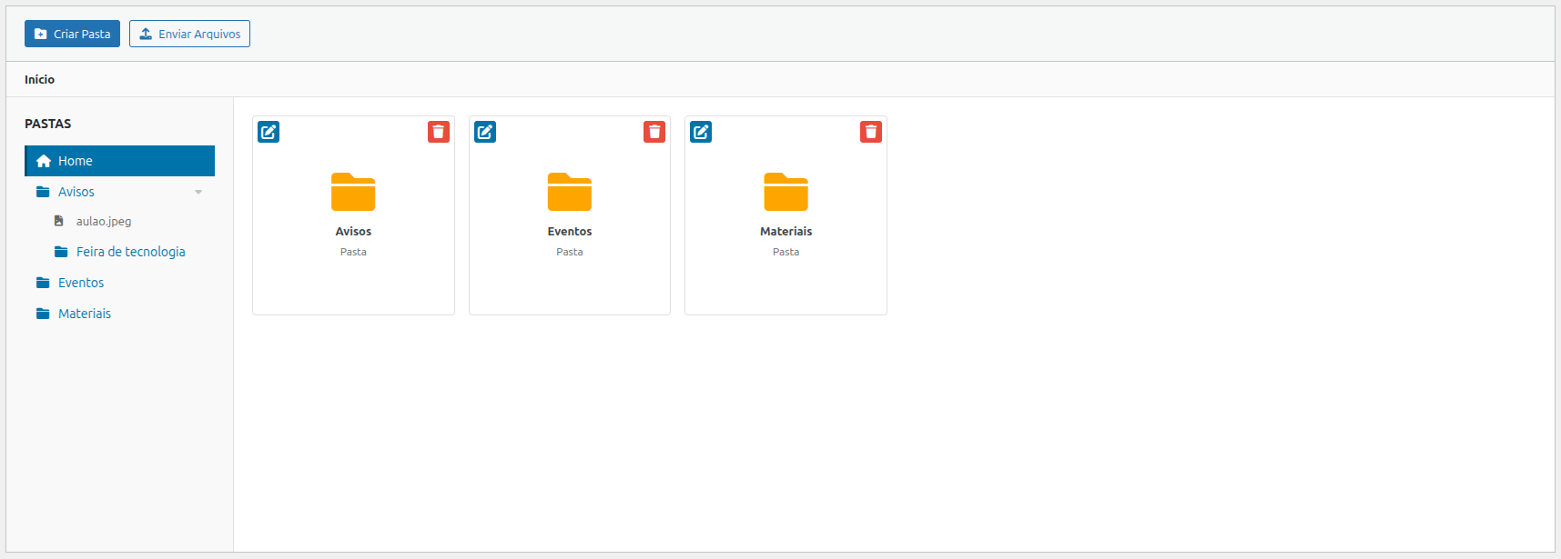 Admin interface — Main configuration page with folder tree and file grid