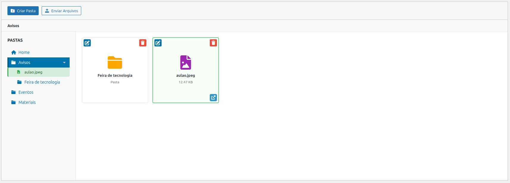 Admin interface — Selecting and managing files in a folder