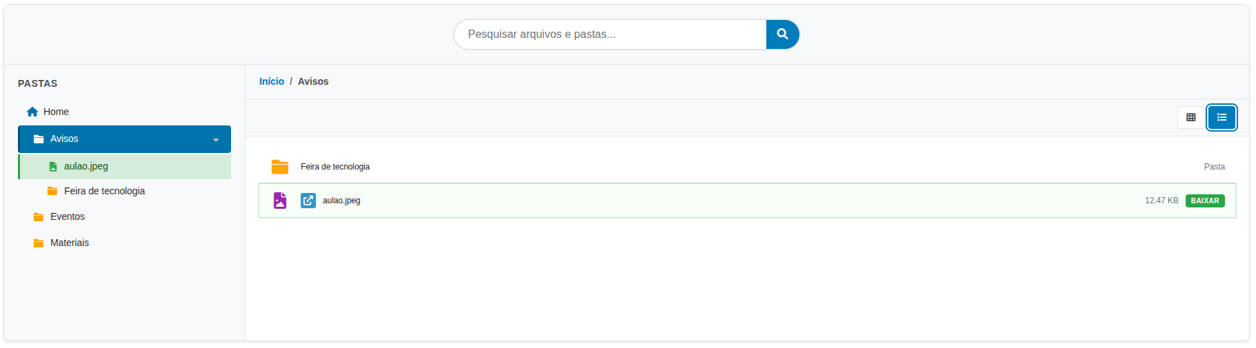 Frontend — File browser in list layout mode