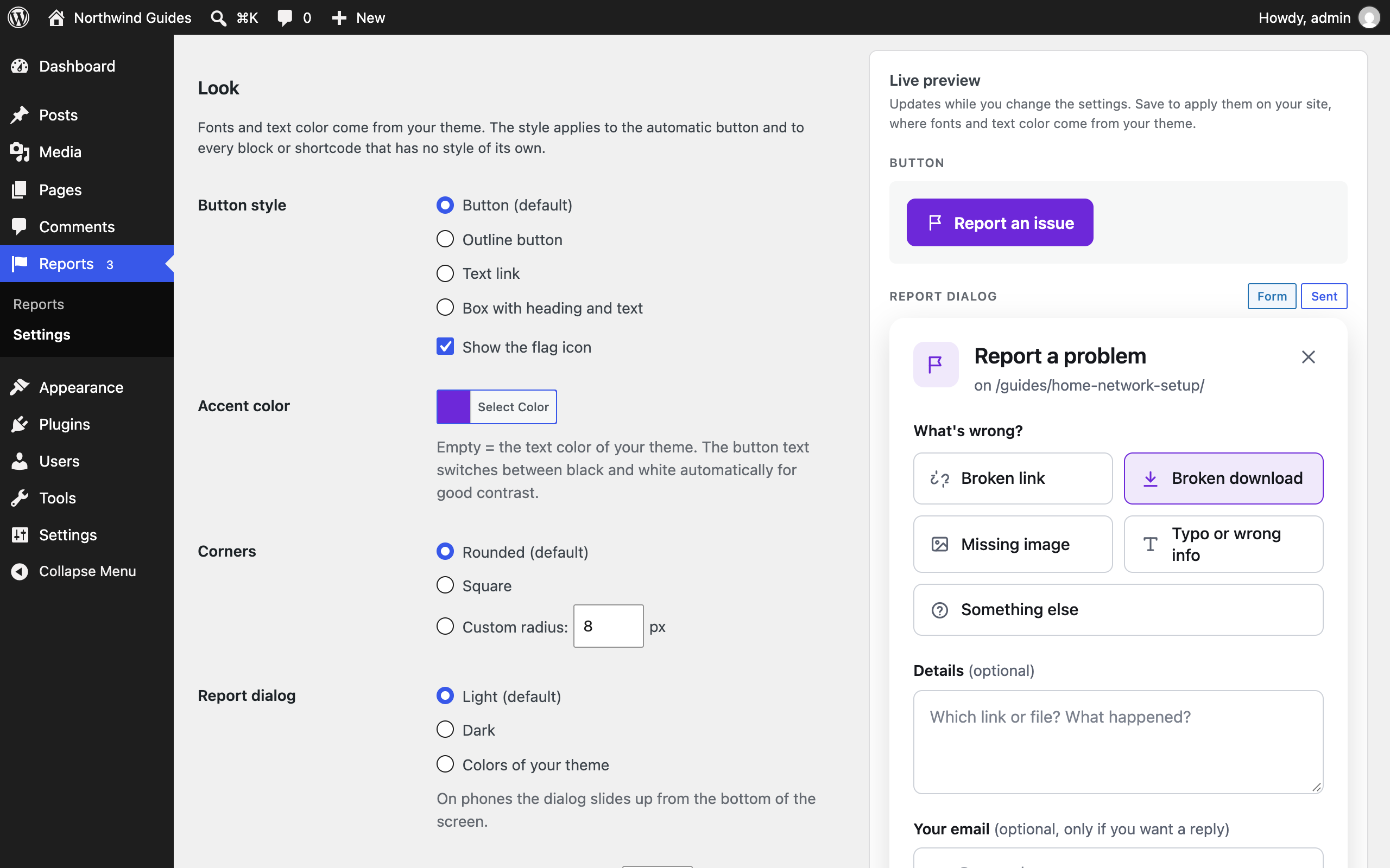 Settings with live preview