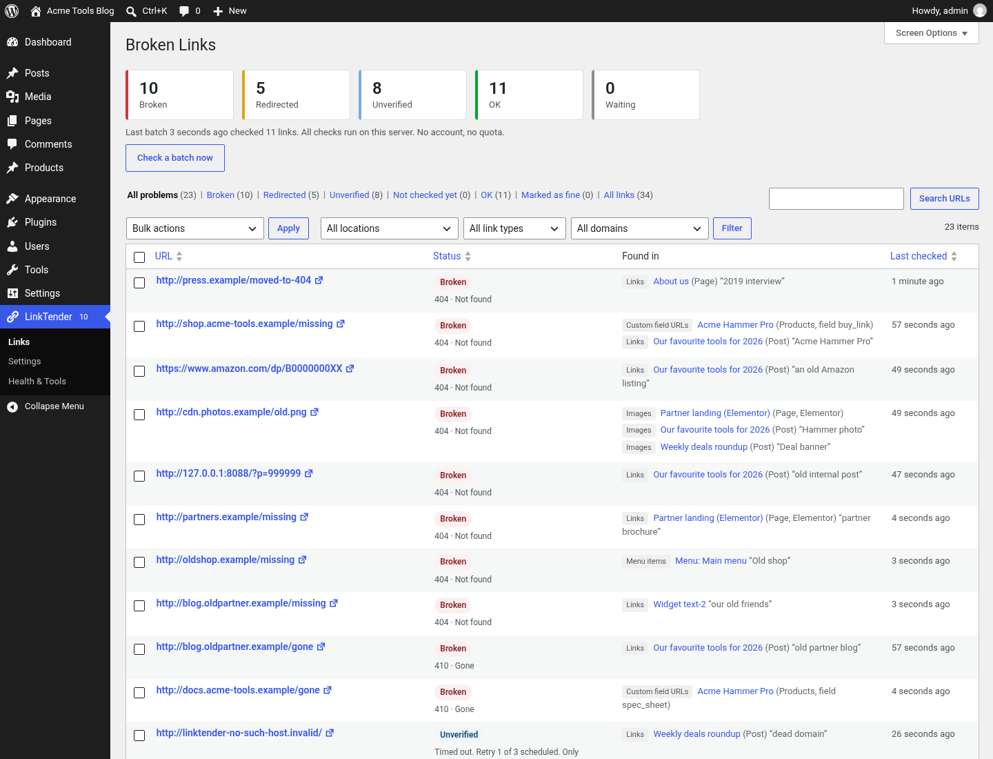 All problem links in one list: broken, redirected and unverified, with where each one appears.