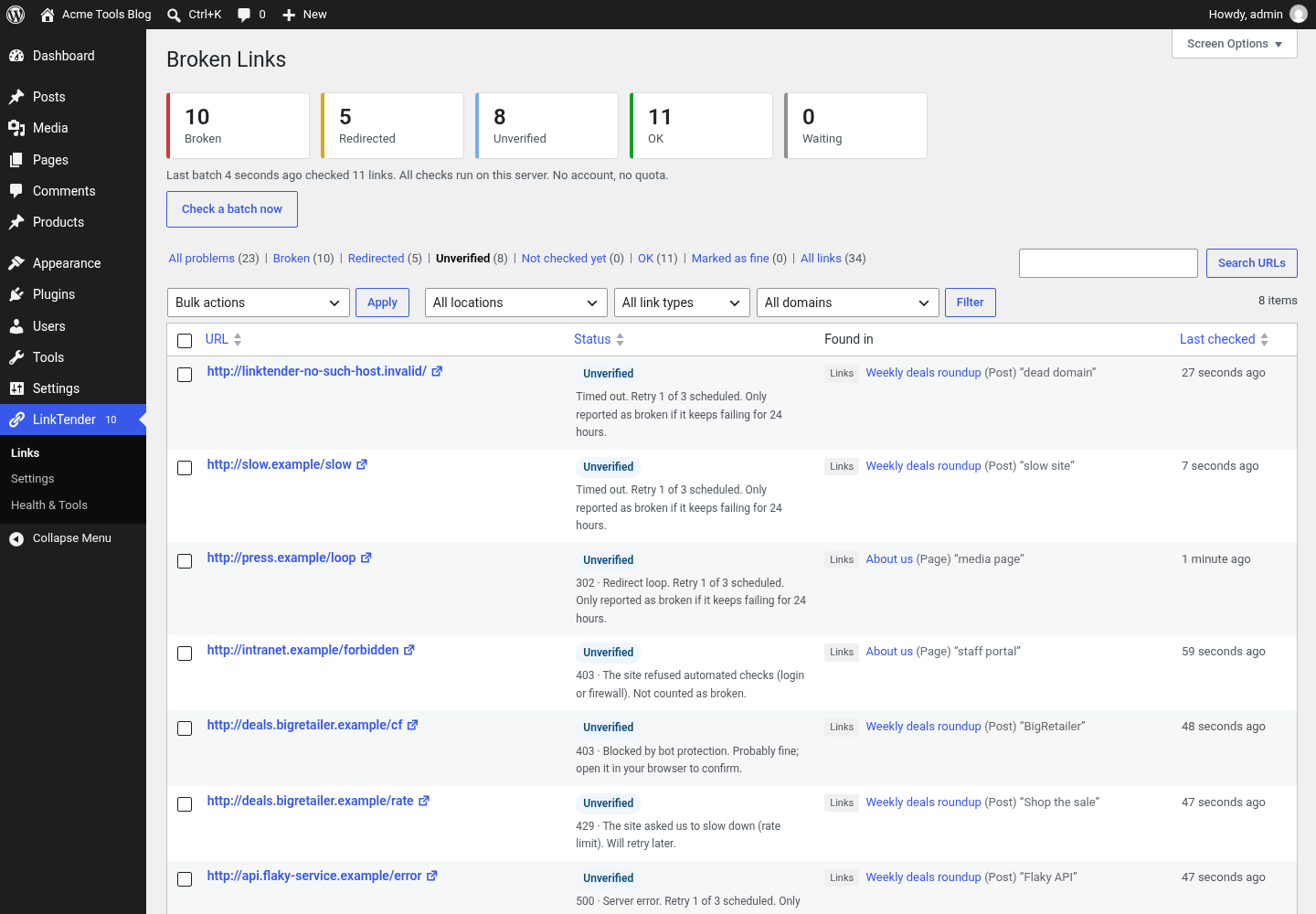 Bot-protected and rate-limited links are shown as "Unverified".