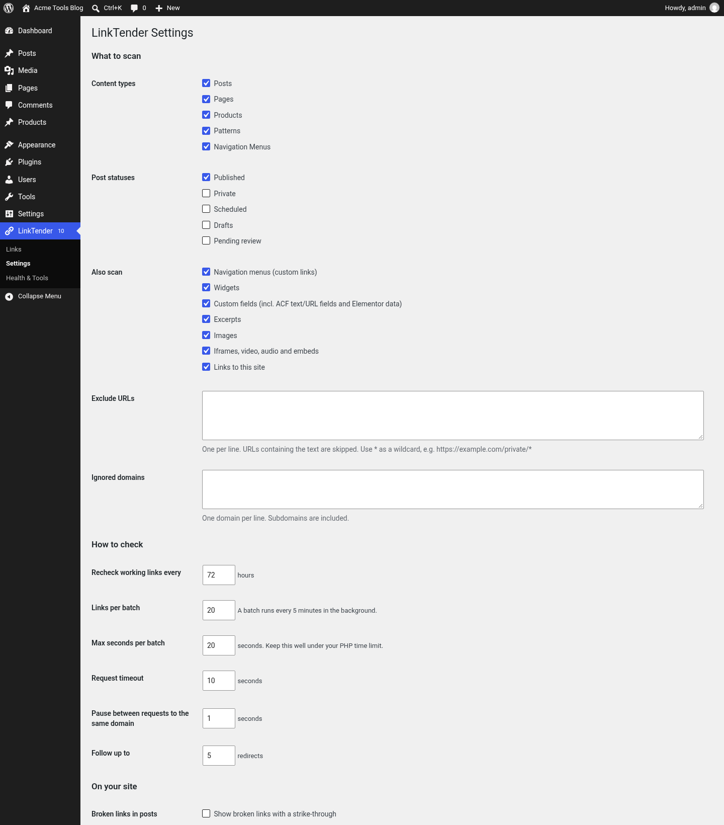 Settings: choose what to scan and how gently to check.