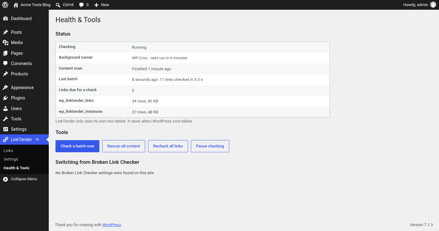 Health & Tools: background runner, scan progress, table sizes, pause switch and Broken Link Checker import.