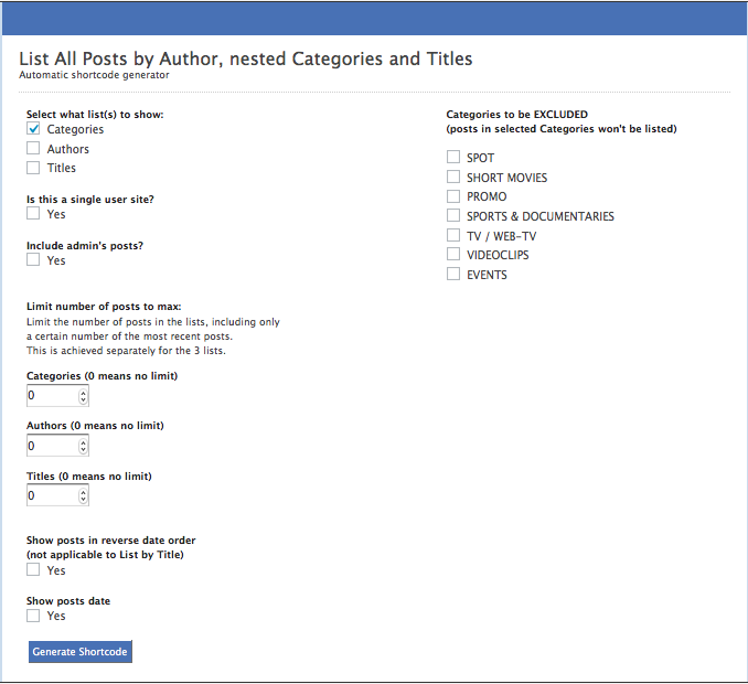 List all posts by Authors, nested Categories and Titles