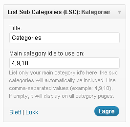 Screenshot of the Appearance -> Widgets -> List Sub Categories (LSC) widget window.