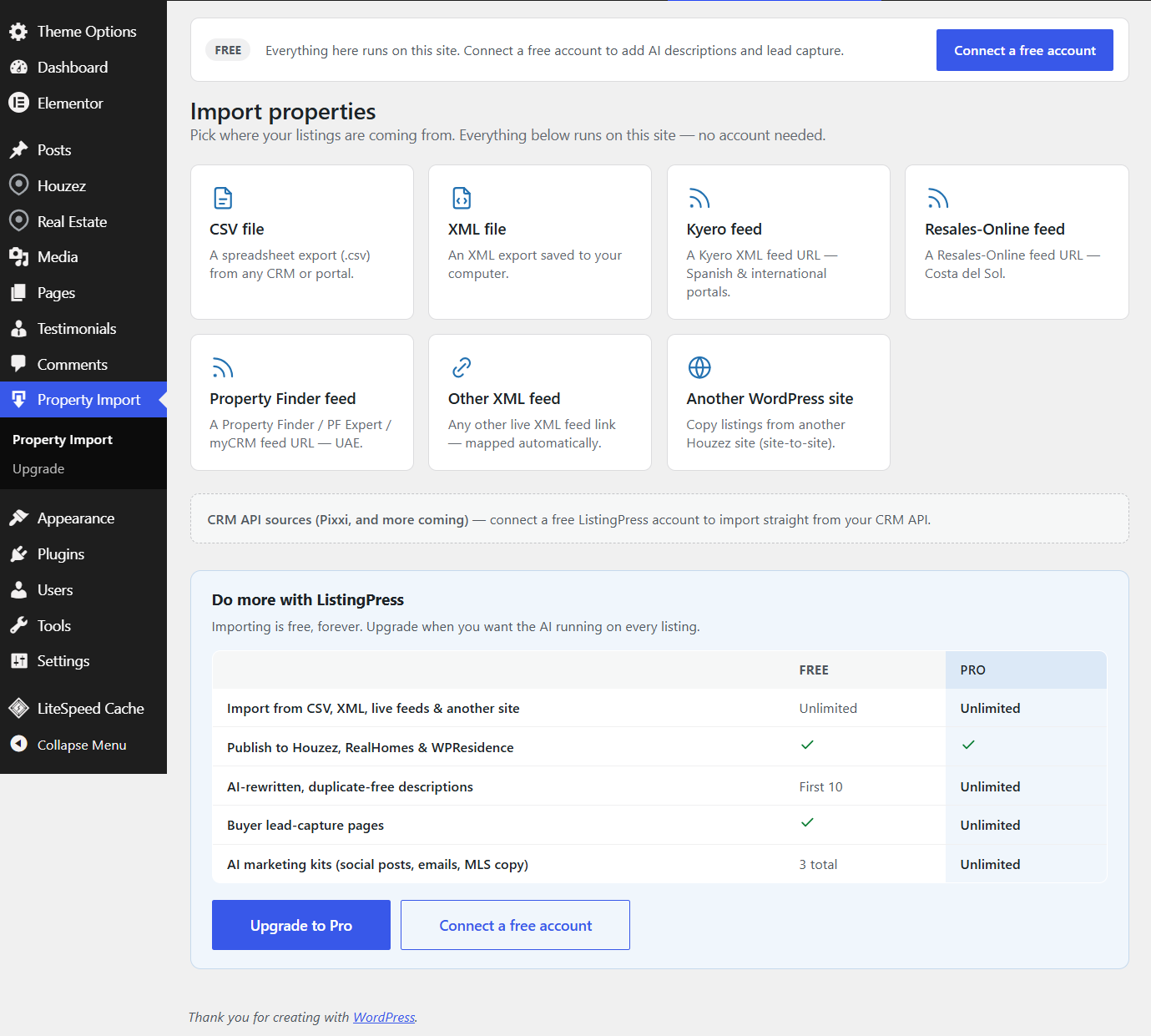 The Property Import wizard — pick your source.